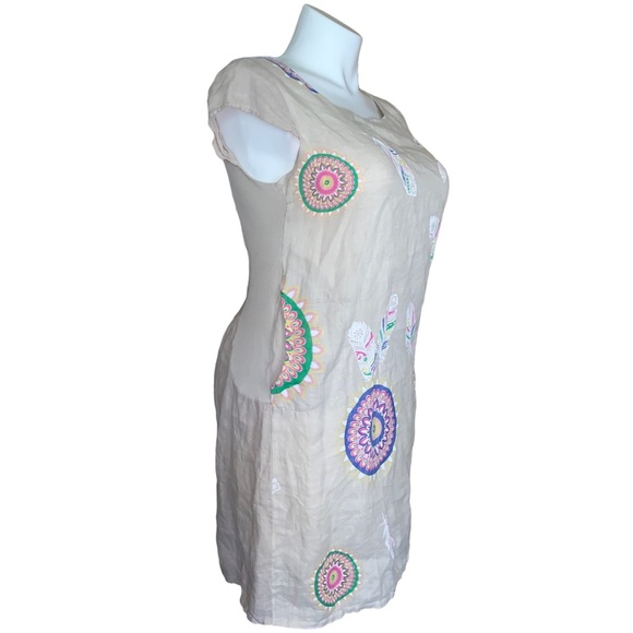 Made in Italy Linen Dress Tan Boho Print Cap Sleeve Pocket Tunic M/L - Picture 5 of 16